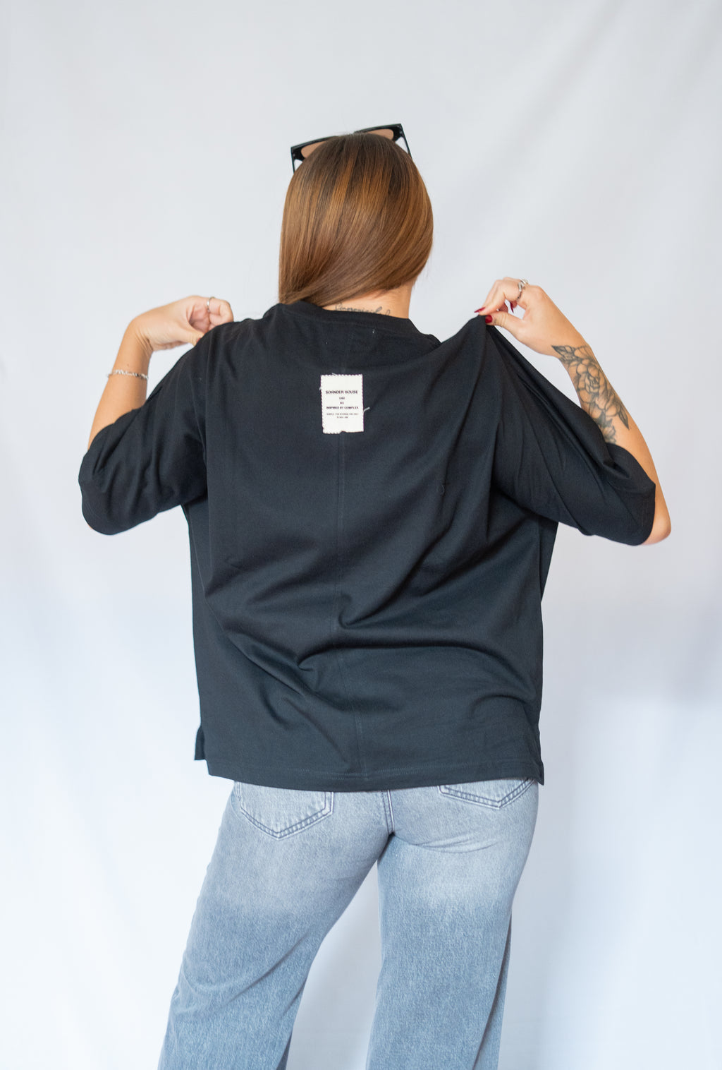 1980 boxy black t shirt. "SAMPLE FOR INTERNAL USE ONLY"